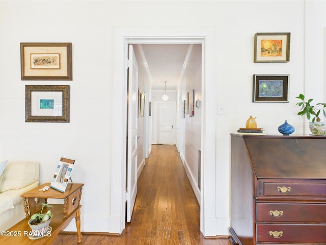 1635 Myrtle Pl, Lafayette, LA 70506 - hall featuring ornamental molding, dark wood-style flooring, and baseboards