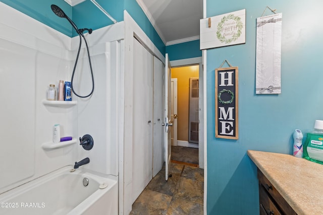 408 Loraine St, Abbeville, LA 70510 - full bathroom featuring shower / tub combination, crown molding, stone finish floors, and vanity