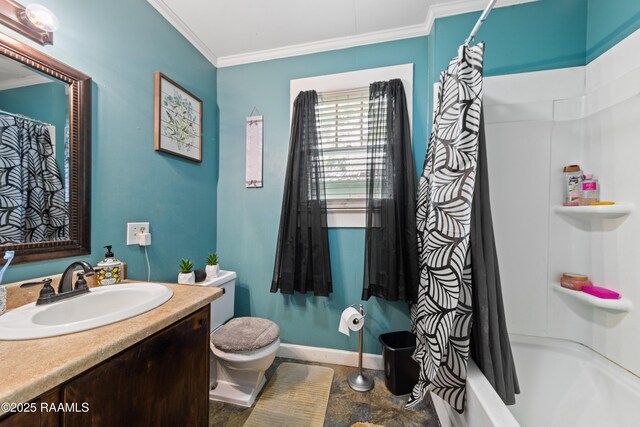 408 Loraine St, Abbeville, LA 70510 - bathroom with crown molding, vanity, baseboards, toilet, and shower / tub combo