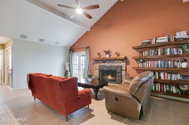 400 Mustang St, Lafayette, LA 70506 - living area with light tile patterned flooring, a ceiling fan, a brick fireplace, high vaulted ceiling, and baseboards
