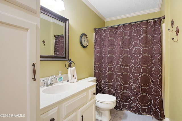 116 Twin Lakes Dr, Youngsville, LA 70592 - bathroom featuring ornamental molding, vanity, toilet, tile patterned floors, and a textured ceiling
