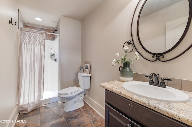 112 Heathwood Dr, Broussard, LA 70518 - full bath with baseboards, toilet, a walk in shower, vanity, and stone finish floors