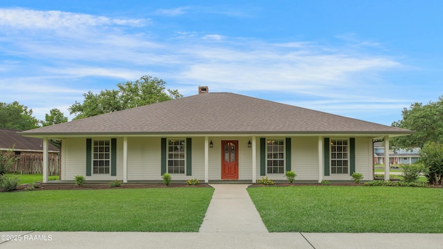 505 River Woods Dr, Lafayette, LA 70508 - ranch-style home featuring covered porch, a front yard, a chimney, and roof with shingles