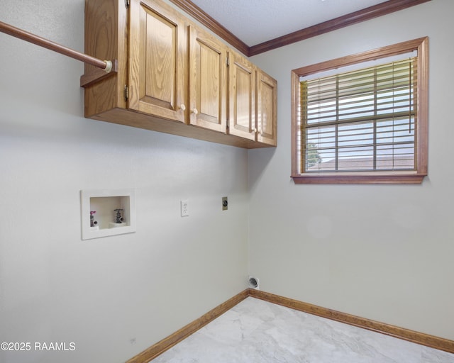 505 River Woods Dr, Lafayette, LA 70508 - washroom featuring cabinet space, hookup for a washing machine, electric dryer hookup, crown molding, and baseboards
