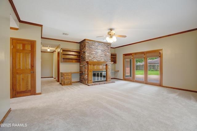 505 River Woods Dr, Lafayette, LA 70508 - unfurnished living room featuring ceiling fan, baseboards, light carpet, ornamental molding, and a fireplace