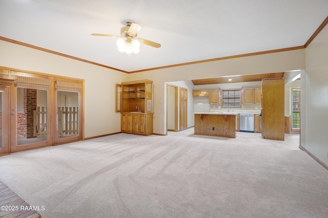 505 River Woods Dr, Lafayette, LA 70508 - unfurnished living room with ornamental molding, baseboards, light carpet, and ceiling fan