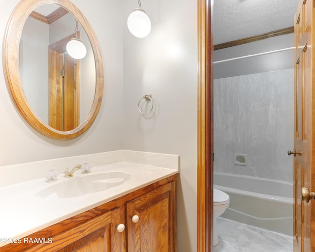 505 River Woods Dr, Lafayette, LA 70508 - bathroom featuring vanity, toilet, a textured ceiling, washtub / shower combination, and ornamental molding