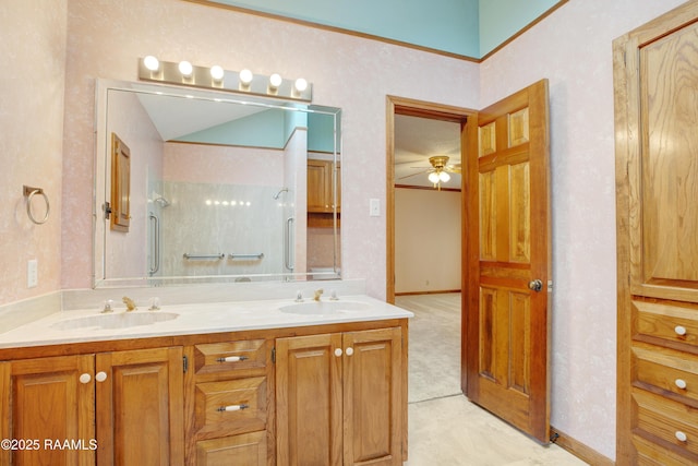 505 River Woods Dr, Lafayette, LA 70508 - bathroom with double vanity, ceiling fan, and a shower