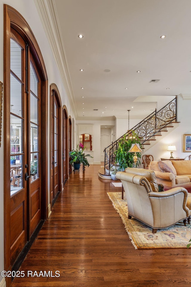 209 Princeton Woods Loop, Lafayette, LA 70508 - corridor with stairs, ornamental molding, french doors, dark wood-style floors, and recessed lighting