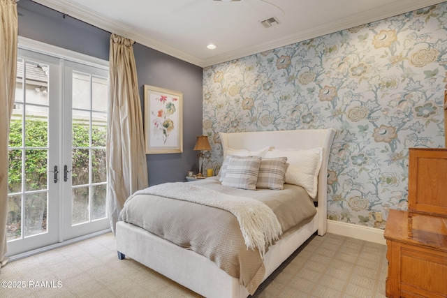 209 Princeton Woods Loop, Lafayette, LA 70508 - bedroom featuring access to outside, multiple windows, crown molding, wallpapered walls, and baseboards