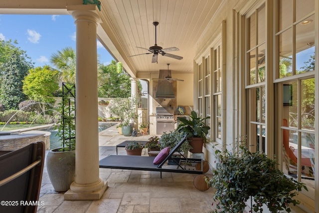 209 Princeton Woods Loop, Lafayette, LA 70508 - view of patio / terrace featuring a ceiling fan, an outdoor pool, a grill, and exterior kitchen
