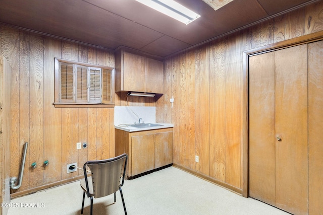 1341 College Rd, Eunice, LA 70535 - unfurnished office with wood walls, a sink, and light colored carpet
