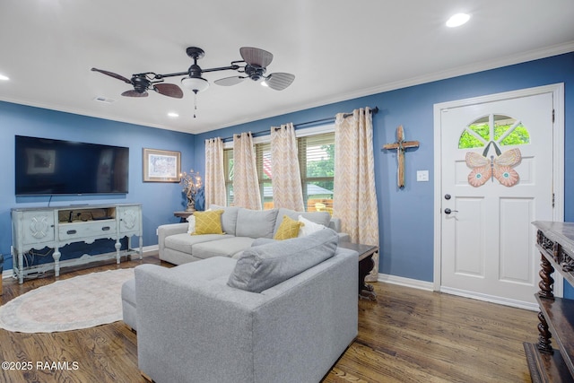 209 Irene Cir, Lafayette, LA 70503 - living room featuring baseboards, a ceiling fan, recessed lighting, wood finished floors, and crown molding