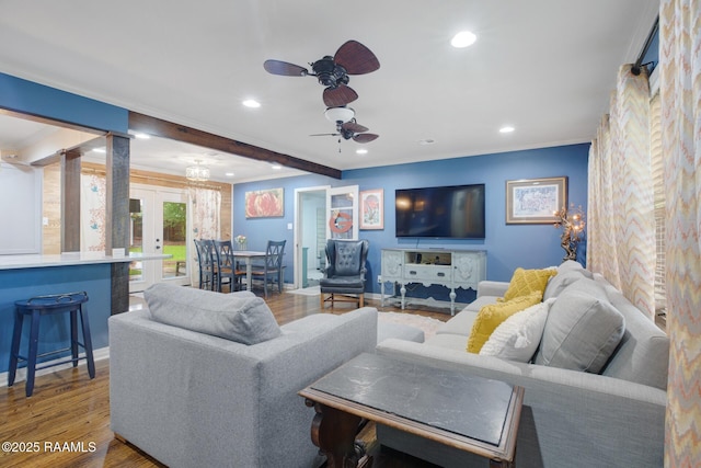 209 Irene Cir, Lafayette, LA 70503 - living area featuring crown molding, recessed lighting, french doors, baseboards, and wood finished floors