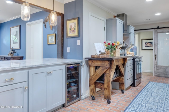 209 Irene Cir, Lafayette, LA 70503 - bar featuring beverage cooler, brick floors, crown molding, stainless steel gas stove, and decorative light fixtures