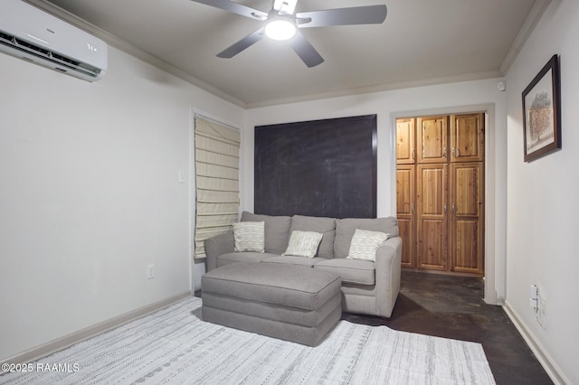 209 Irene Cir, Lafayette, LA 70503 - living room with a wall mounted AC, ceiling fan, baseboards, and ornamental molding