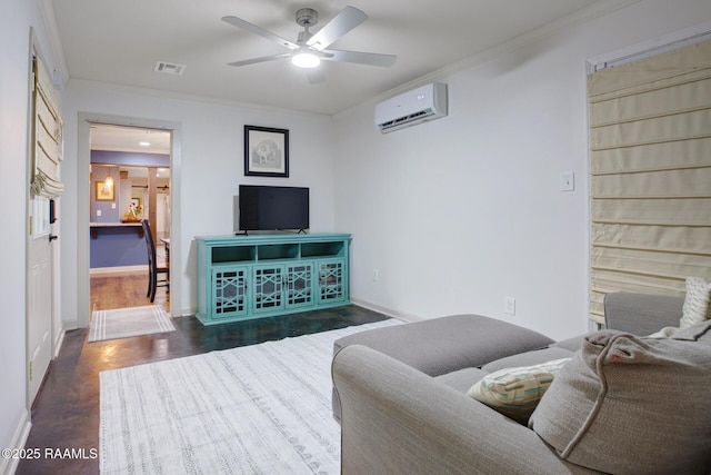 209 Irene Cir, Lafayette, LA 70503 - living room featuring an AC wall unit, ornamental molding, a ceiling fan, baseboards, and dark wood-type flooring