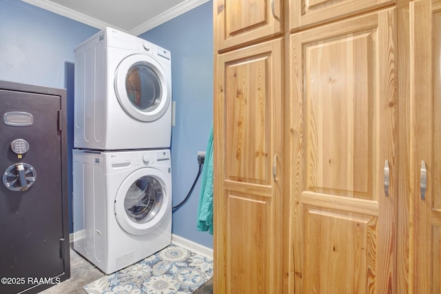 209 Irene Cir, Lafayette, LA 70503 - laundry room featuring stacked washing machine and dryer, crown molding, and baseboards
