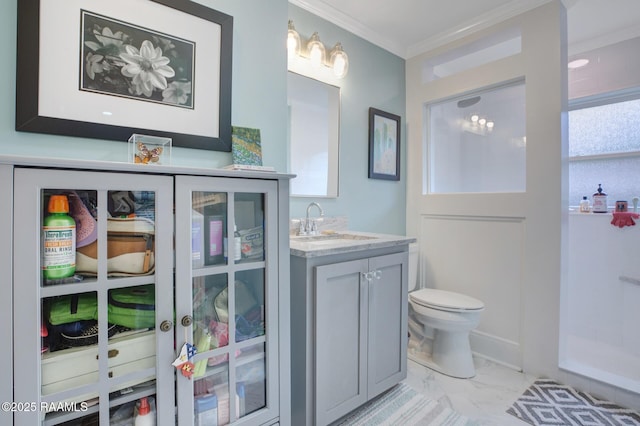 209 Irene Cir, Lafayette, LA 70503 - full bath with ornamental molding, toilet, marble finish floors, and vanity