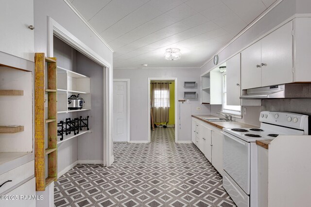 126 Vine St, New Iberia, LA 70560 - kitchen featuring white electric range, under cabinet range hood, open shelves, light floors, and a sink