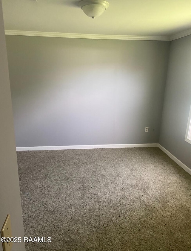 carpeted spare room with baseboards and crown molding