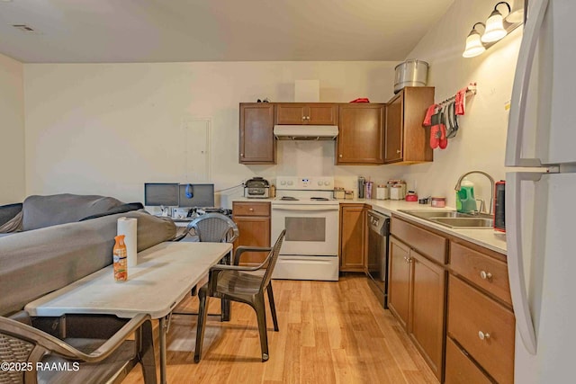 259 Chatrian St, Grand Coteau, LA 70541 - kitchen with white appliances, a sink, under cabinet range hood, light wood-style floors, and light countertops