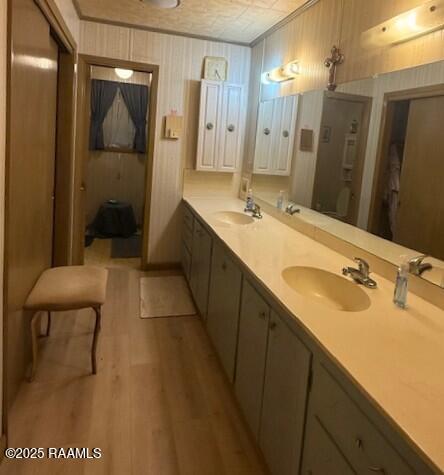 full bathroom featuring wood finished floors and double vanity