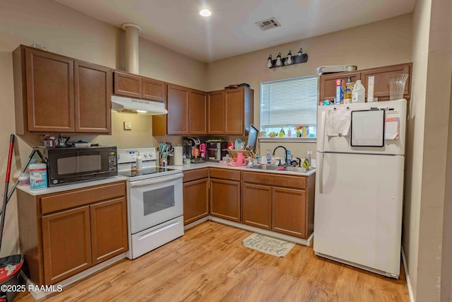 255 Chatrian St, Grand Coteau, LA 70541 - kitchen with white appliances, under cabinet range hood, light countertops, a sink, and light wood finished floors