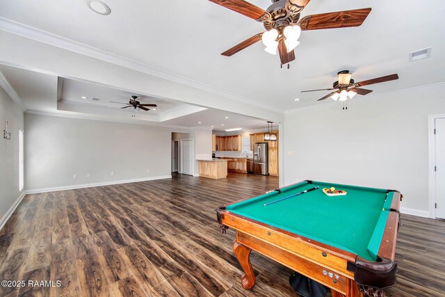 104 Trout Ct, Dulac, LA 70353 - game room with a ceiling fan, baseboards, dark wood-style flooring, crown molding, and recessed lighting