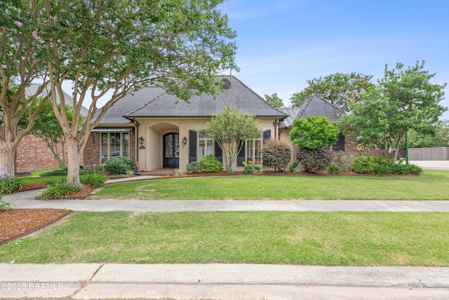100 Emily Cir, Lafayette, LA 70508 - french country home featuring a front lawn and roof with shingles