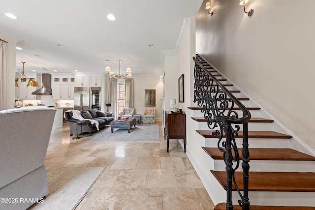 100 Emily Cir, Lafayette, LA 70508 - staircase featuring crown molding, a chandelier, baseboards, and recessed lighting