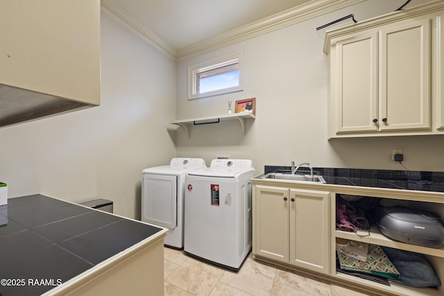 100 Emily Cir, Lafayette, LA 70508 - laundry area featuring cabinet space, ornamental molding, washer and dryer, and light tile patterned floors