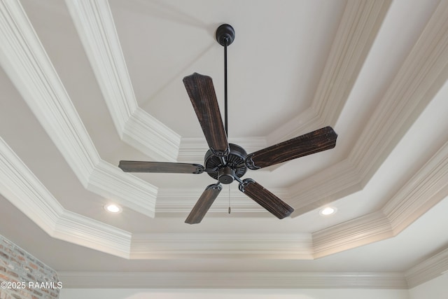 108 Autumnbrook Dr, Broussard, LA 70518 - detailed view of a raised ceiling, ornamental molding, a ceiling fan, and recessed lighting