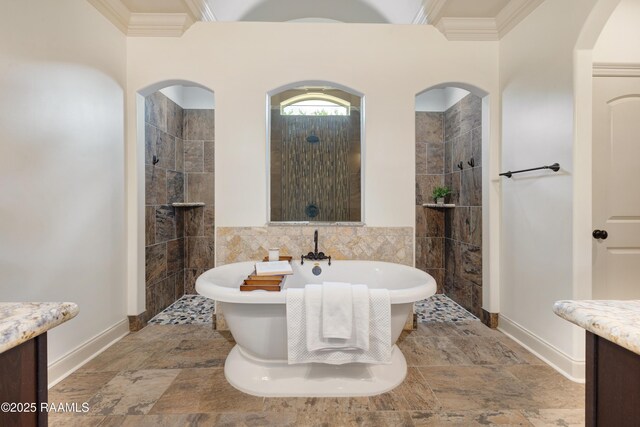 108 Autumnbrook Dr, Broussard, LA 70518 - bathroom with vanity, crown molding, a freestanding bath, tile walls, and baseboards