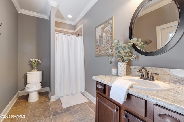 108 Autumnbrook Dr, Broussard, LA 70518 - bathroom with ornamental molding, vanity, toilet, baseboards, and a shower with shower curtain