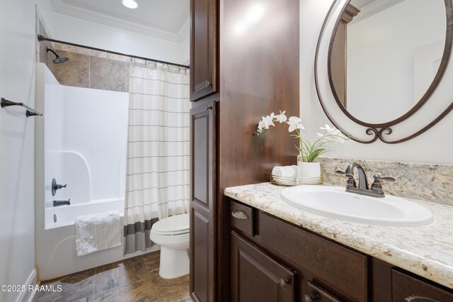 108 Autumnbrook Dr, Broussard, LA 70518 - full bathroom featuring ornamental molding, vanity, toilet, and shower / bath combo with shower curtain