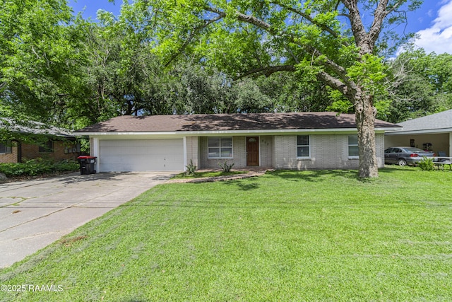 213 Genevieve Dr, Lafayette, LA 70503 - ranch-style home with a garage, brick siding, concrete driveway, and a front lawn
