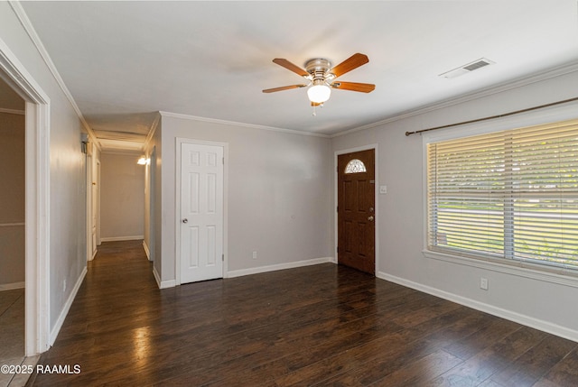 213 Genevieve Dr, Lafayette, LA 70503 - foyer entrance with a ceiling fan, ornamental molding, dark wood finished floors, and baseboards