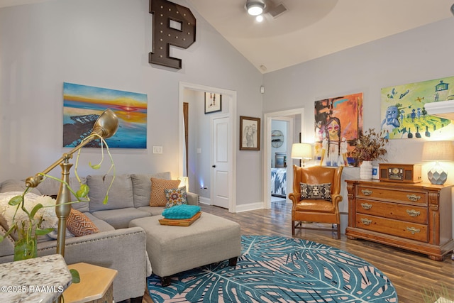 112 Sandhill Crane Dr, Lafayette, LA 70508 - living area with wood finished floors, a ceiling fan, high vaulted ceiling, and baseboards