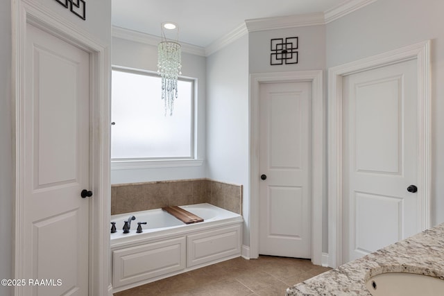 112 Sandhill Crane Dr, Lafayette, LA 70508 - full bath with a chandelier, a bath, ornamental molding, tile patterned flooring, and vanity