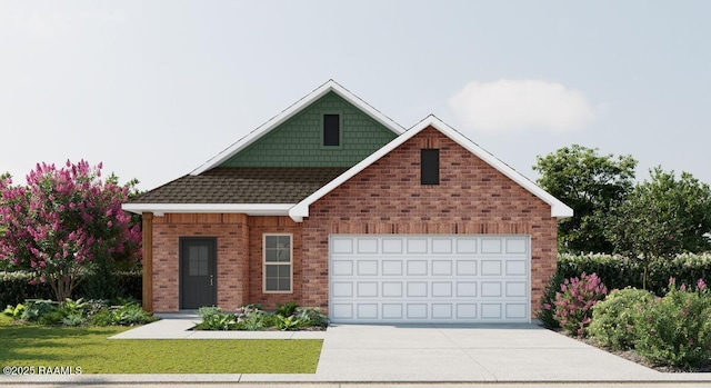 view of front of property with driveway, brick siding, an attached garage, a front lawn, and a shingled roof