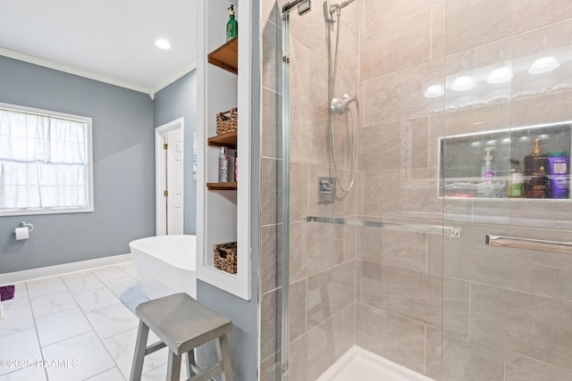 201 Rue Paon, Youngsville, LA 70592 - full bathroom featuring a stall shower, crown molding, marble look tiles, and baseboards