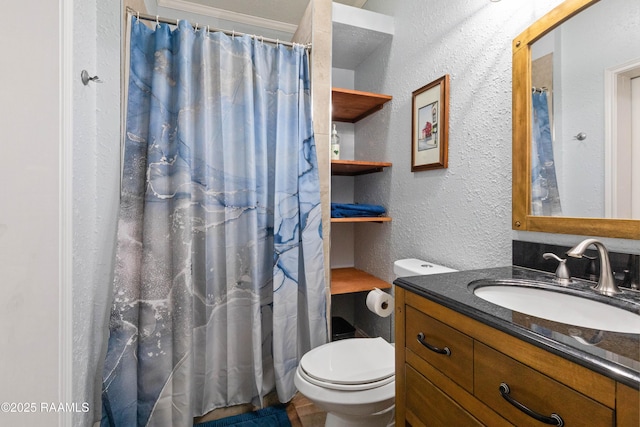 201 Rue Paon, Youngsville, LA 70592 - full bathroom with a textured wall, toilet, vanity, and a shower with curtain