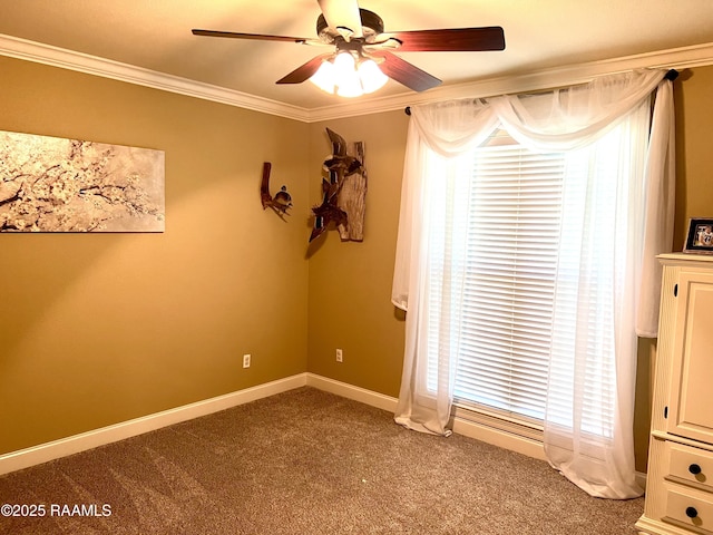 277 Carrera Ln, Eunice, LA 70535 - empty room with a ceiling fan, dark carpet, healthy amount of natural light, ornamental molding, and baseboards