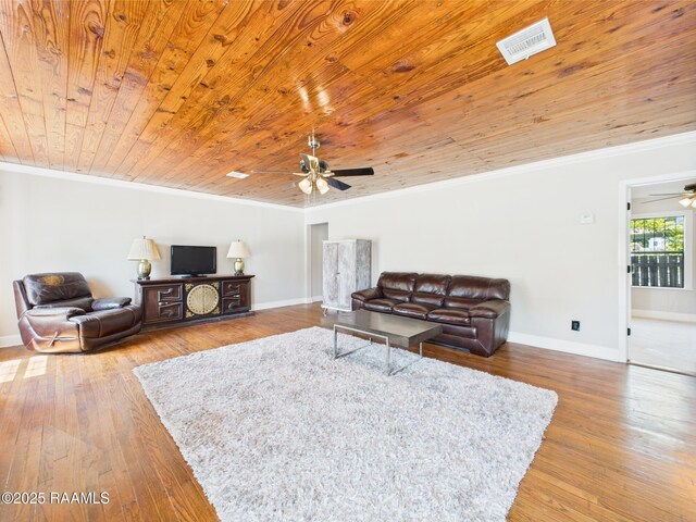1206 Kaliste Saloom Rd, Lafayette, LA 70508 - living area featuring a ceiling fan, crown molding, baseboards, hardwood / wood-style flooring, and wooden ceiling