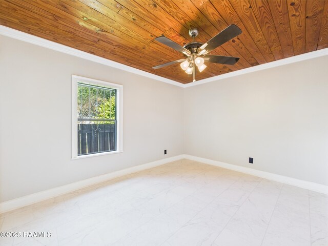 1206 Kaliste Saloom Rd, Lafayette, LA 70508 - spare room with wood ceiling, a ceiling fan, ornamental molding, baseboards, and light marble finish floors