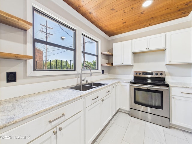 1206 Kaliste Saloom Rd, Lafayette, LA 70508 - kitchen with open shelves, stainless steel range with electric cooktop, a sink, wood ceiling, and white cabinetry
