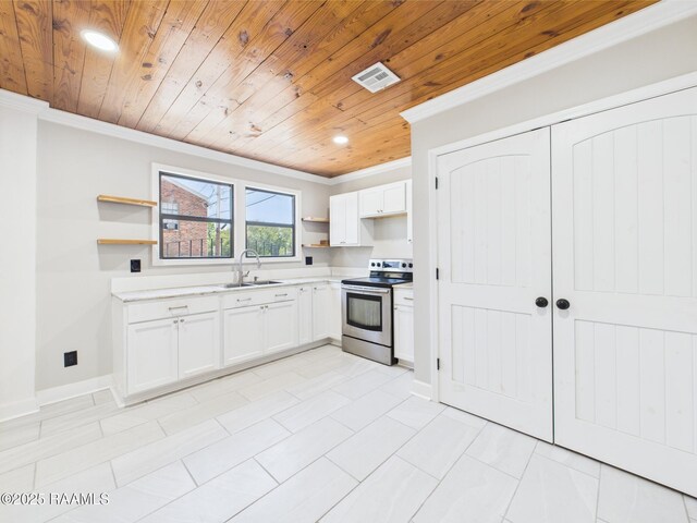 1206 Kaliste Saloom Rd, Lafayette, LA 70508 - kitchen featuring stainless steel range with electric stovetop, open shelves, a sink, ornamental molding, and wood ceiling