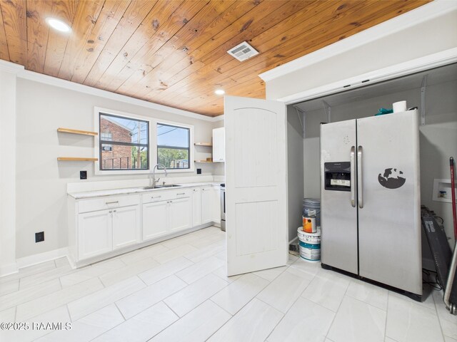 1206 Kaliste Saloom Rd, Lafayette, LA 70508 - kitchen featuring stainless steel fridge with ice dispenser, open shelves, a sink, wood ceiling, and ornamental molding