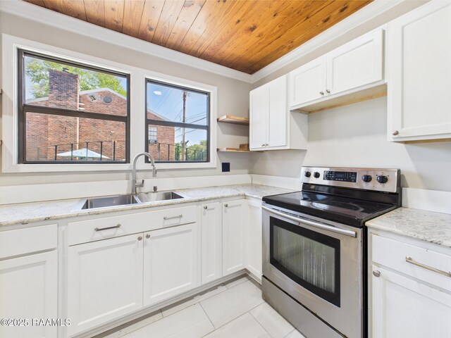 1206 Kaliste Saloom Rd, Lafayette, LA 70508 - kitchen with stainless steel electric stove, a sink, wooden ceiling, light tile patterned flooring, and white cabinets